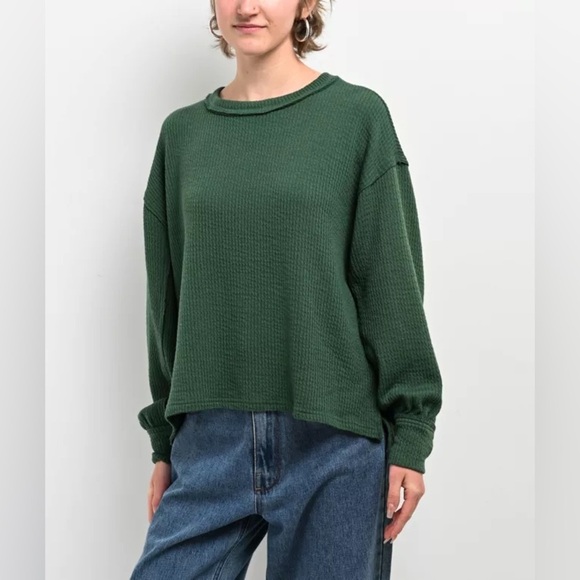 Blu Pepper Balloon Sleeve Slouchy Ribbed Green Sweater Size Large - Picture 1 of 7